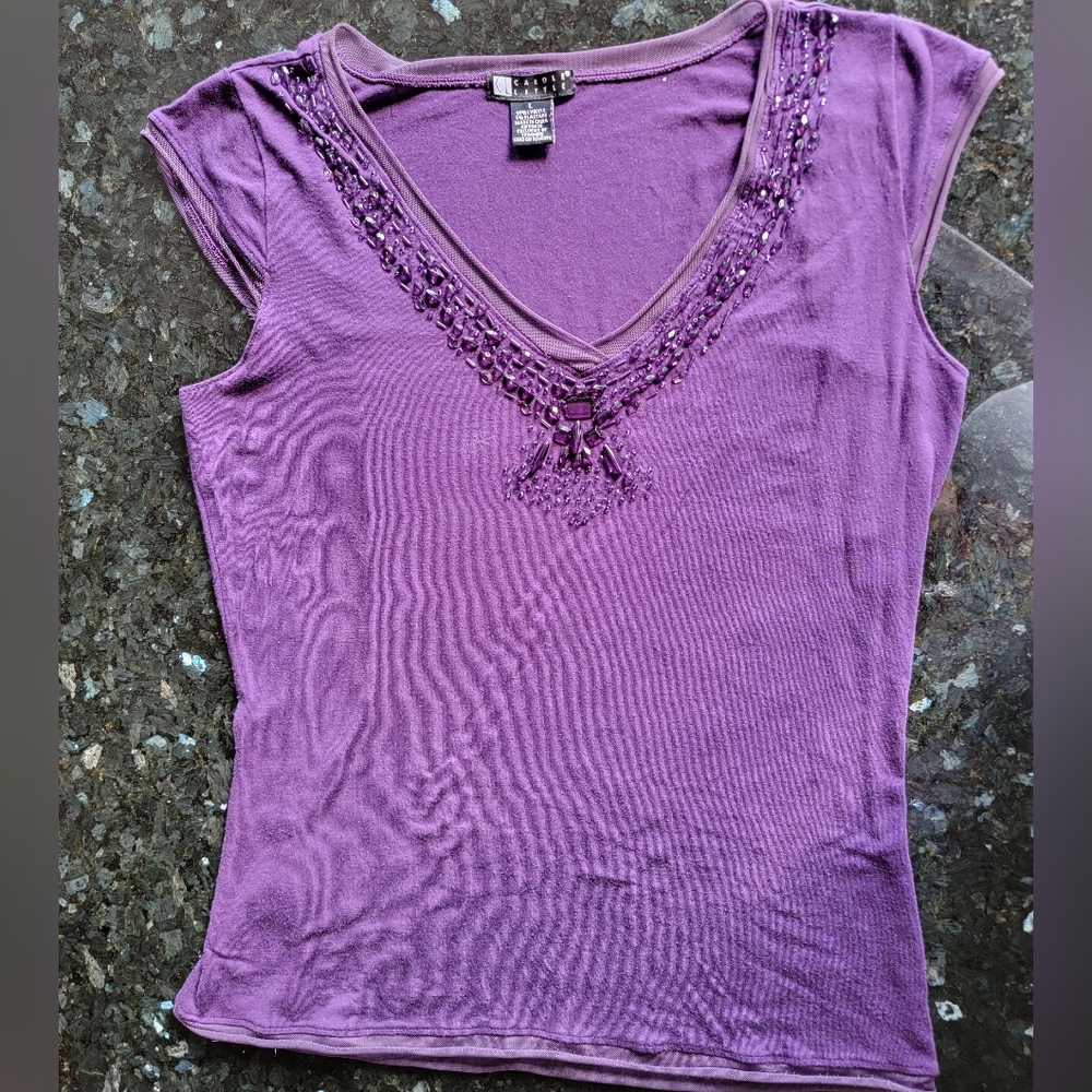 Purple Carole Little size L beaded v neck cap sleeve top 16" from armhole to hem